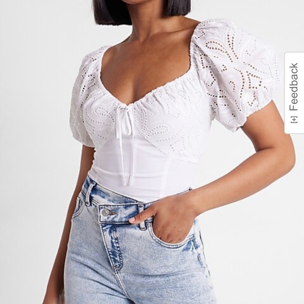 Express Eyelet puff sleeve tie neck thong bodysuit